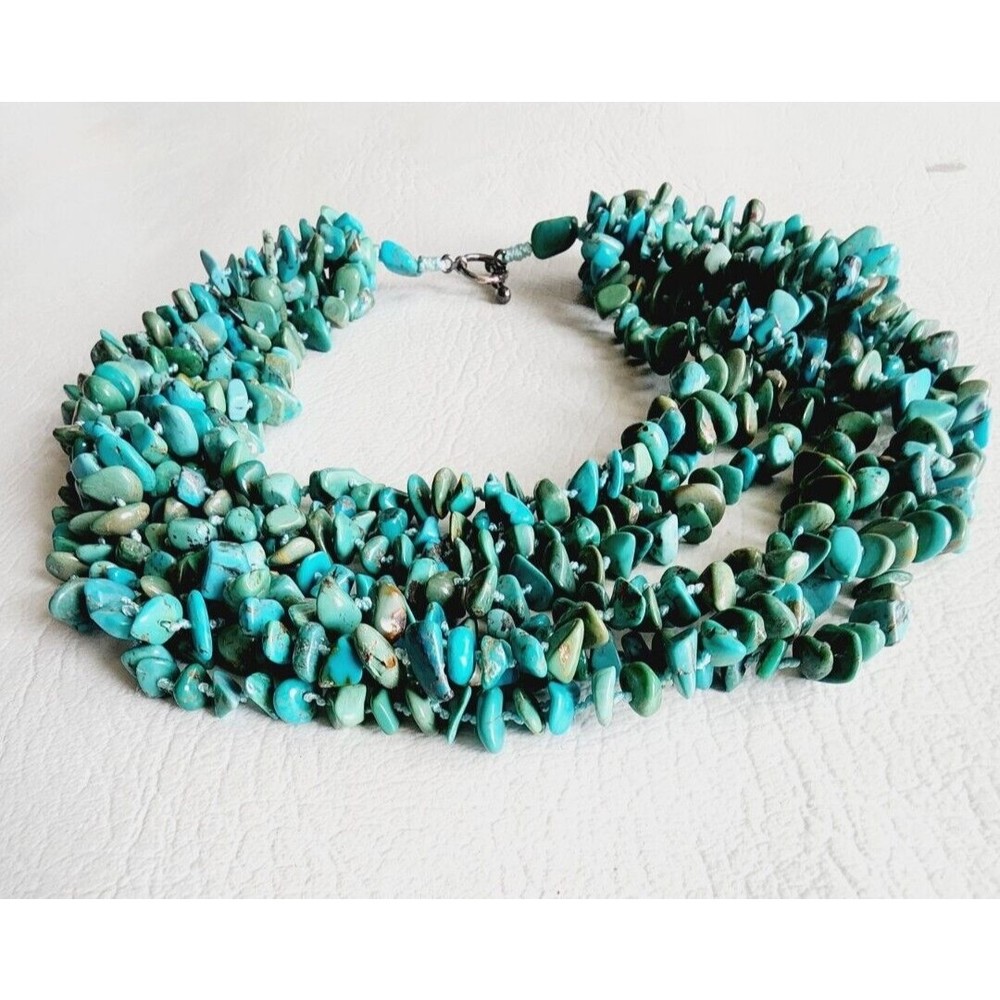 Vintage 925 Sterling Genuine TURQUOISE Chip 8 Strand Necklace Toggle Clasp - Picture 3 of 9